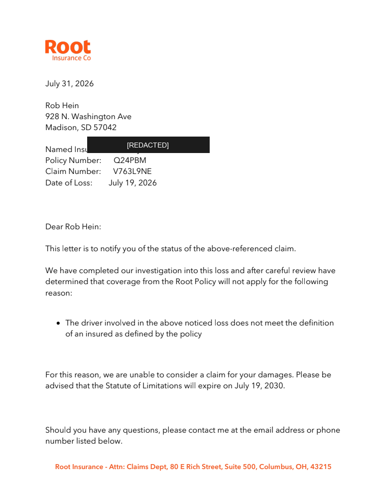 Root Insurance written claim denial letter dated July 31, 2026 for claim V763L9NE, with named insured redacted